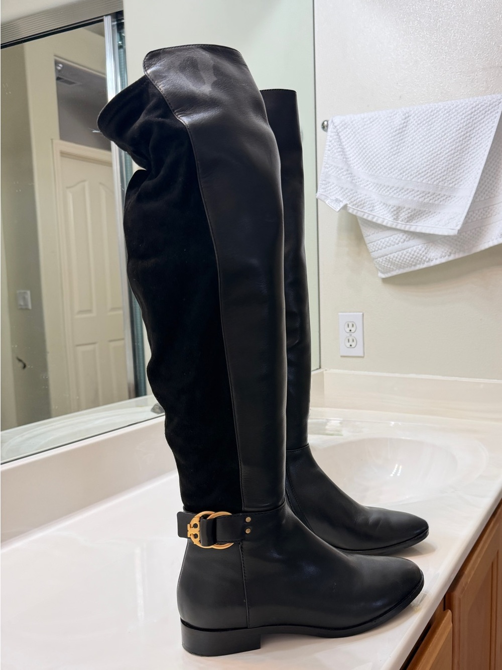 Tory Burch Black Leather & Suede Over-the-Knee Boots with Gold Buckle